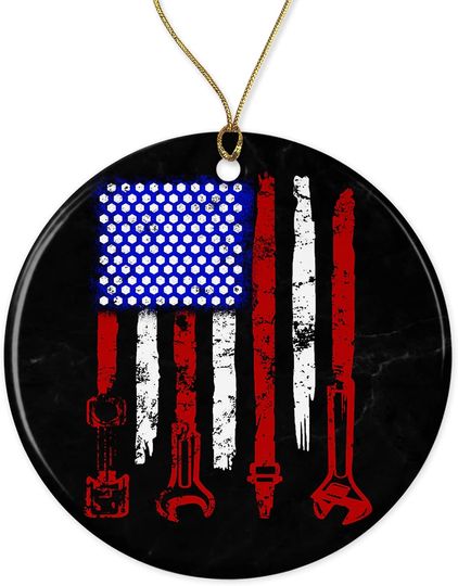 American Flag Mechanic Christmas Ornaments - Family Christmas Ornament - Gift Ceramic Holiday Decoration Present Porcelain 3inch Flat with Gold Ribbon Both Sides White