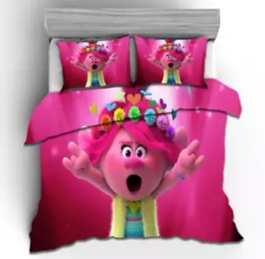 Discover Cartoon Disney Trolls Print #6 Quilt Duvet Cover Set Bed Linen Double King Soft
