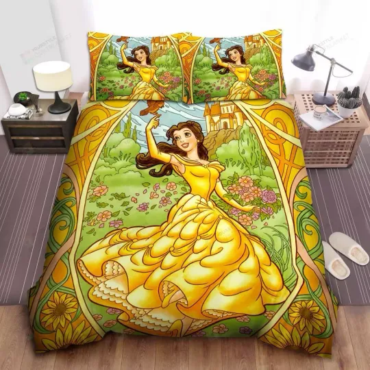Disney Princess Belle In Beautiful Yellow Dress Quilt Duvet Cover Set Bedding