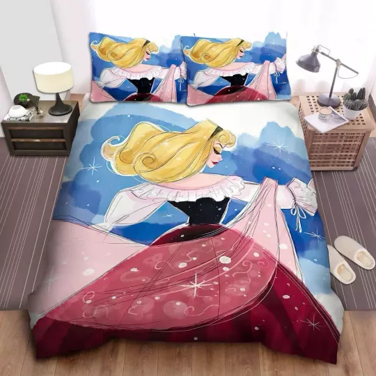Disney Princess Aurora Gorgeous In Watercolor Painting Quilt Duvet Cover Set