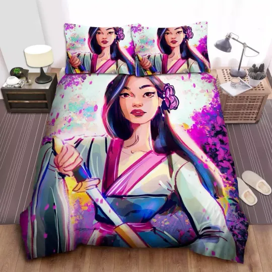 Disney Princess Mulan Taking Out Her Sword Painting Quilt Duvet Cover Set Soft