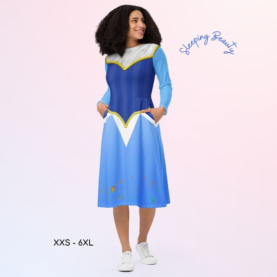 Sleeping Beauty Aurora Long Sleeves Skater Dress, Halloween Dress, Cosplay Outfit, Halloween Costume, Princess, Birthday Gift, Harajuku