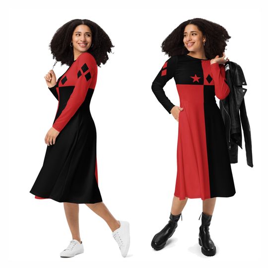 Harley Costume Red Black Harlequin Jester Dress Long Sleeve Knee Length Dance Party Halloween Cosplay Bounding Gift