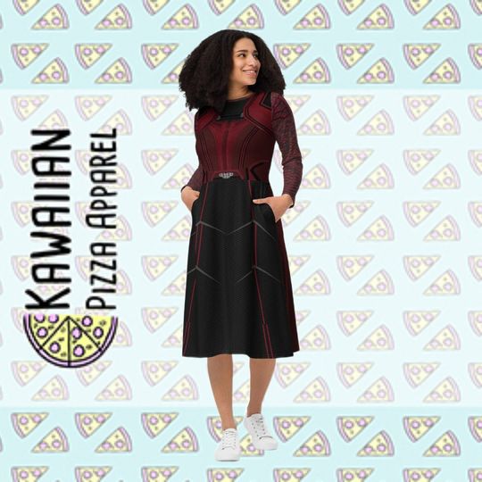 Scarlet Witch Inspired All-over print long sleeve midi dress | Halloween | Cosplay | Women's Clothing