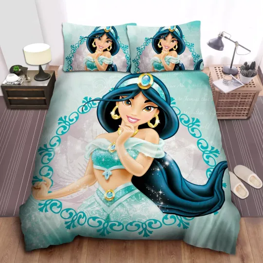 Discover Disney Princess Jasmine Bedding Set: Sparkling Dress & Jewelries Duvet Cover
