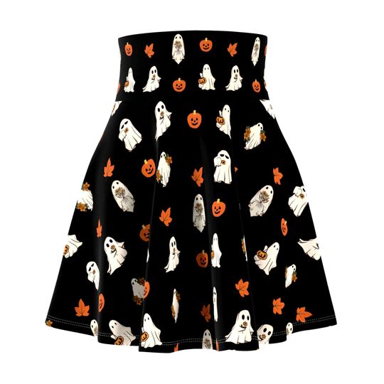 Halloween Skirt, Women's Circle Skater Skirt with Ghosts Print, High Waisted with Elastic Band, Women's Spooky Season Halloween Clothing