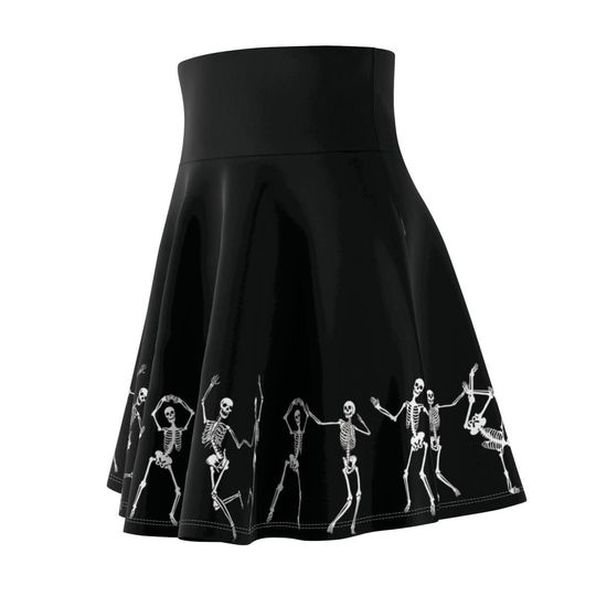 Skeleton Circle Skirt, Black and White Halloween High Waisted Skater Skirt, Women's Plus Size Goth Clothing, Dancing Skeleton Skirt