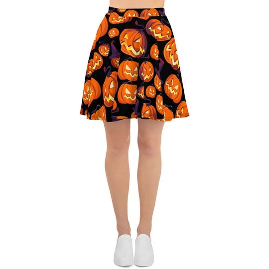 Women's Skater Skirt, Circle Skirt, Halloween Holiday Skirt, Custom Pumpkins Jack O Lantern Skirt, XS-3XL Size, Custom All Over Print Skirt