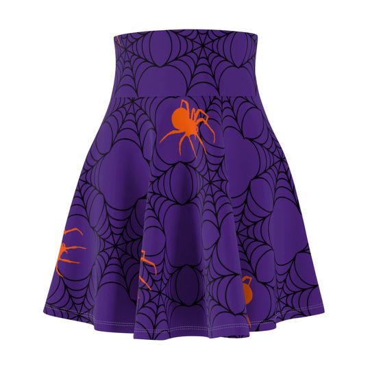 Discover Halloween Skater Skirt, Spiderwebs and Spiders Pattern, Women's Clothing for Spooky Season, Creepy Cute Purple and Orange Spider Skirt