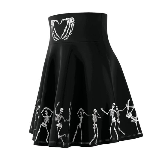 Skeleton Circle Skirt, Black and White Halloween High Waisted Skater Skirt, Women's Plus Size Goth Clothing, Halloween Skirts