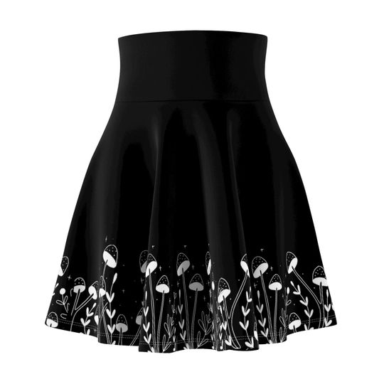Black Mushroom Skater Skirt, Women's A-Line Skirt, Magical Stars Print, Cute Circle Skirt, High Waist Skirt, Fashion Apparel