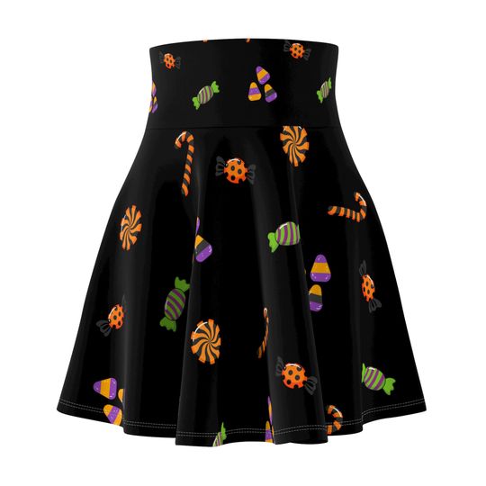 Halloween Candy Skirt, Spooky Season Fall Circle Skirt, Trick or Treat Themed Halloween Clothes, Cute Candy Print, Black with Vibrant Print