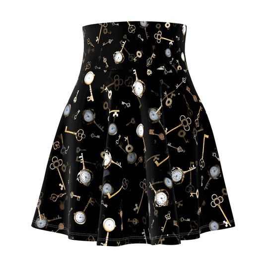 Skeleton Key Skirt, Fairycore Clothing, Women's High Waisted Circle Skater Skirt with Elastic Band, Plus Size Whimsigoth Clothes,CottageCore