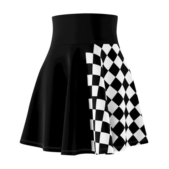 Checkered Skater Skirt, Alt Fashion Goth Circle Skirt, Half Black and White, Half Solid Black Women's High Waisted Skirt with Elastic Band