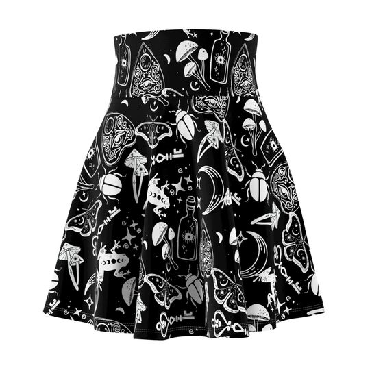 Circle Skirt, Witchy Whimsigoth Clothes,Black with White Print, Moth and Mushroom Skater Skirt, High Waisted, Forest Core, Plus Size Goth