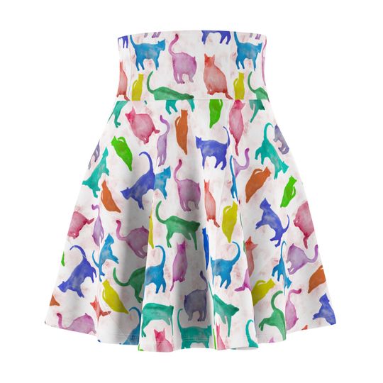 Cat Pattern Skater Skirt, Women's Versatile Fit Circle Skirt with Elastic Band and Cute Pastel Cats Print