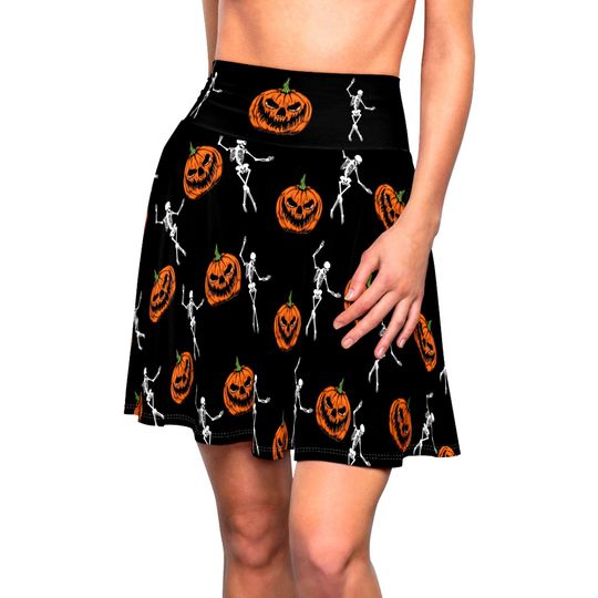 Halloween Skirt, Women's Versatile Fit Skater Skirt, Skeleton and Pumkin Printed Circle Skirt, Women's Halloween Clothes, Costume Skirts