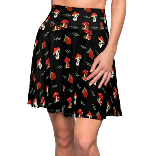 Mushroom Skirt, Strawberry and Cute Mushrooms Printed Circle Skirt with Elastic Band, Cottage Core Women's Alt Clothing, Forest Core