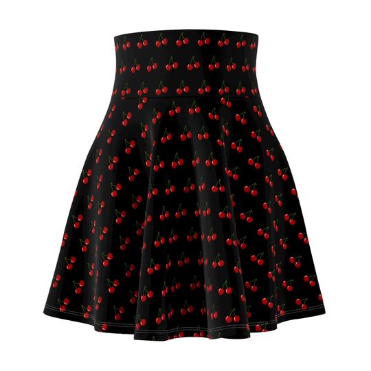 Cherry Circle Skirt, Black High Waisted Skater Skirt with Red Cherries Print, Fun Foodie Skirt, Plus Size Alt Clothing