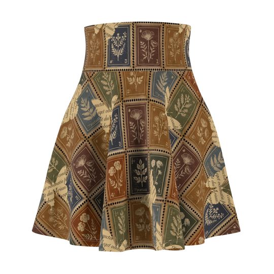 Cottage Core Skirt, High Waisted Circle Skirt, Vintage Stamp and Butterfly Printed Skirt, Bookish Clothes, Women's Vintage Style Clothing