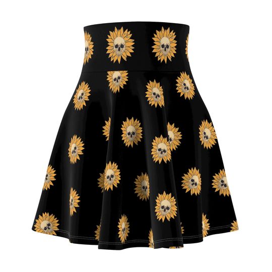 Skull and Sunflower Skirt, High Waisted Circle Skirt, Plus Size Goth Clothing, Women's Alt Clothes, Goth Skater Skirt with Elastic Band