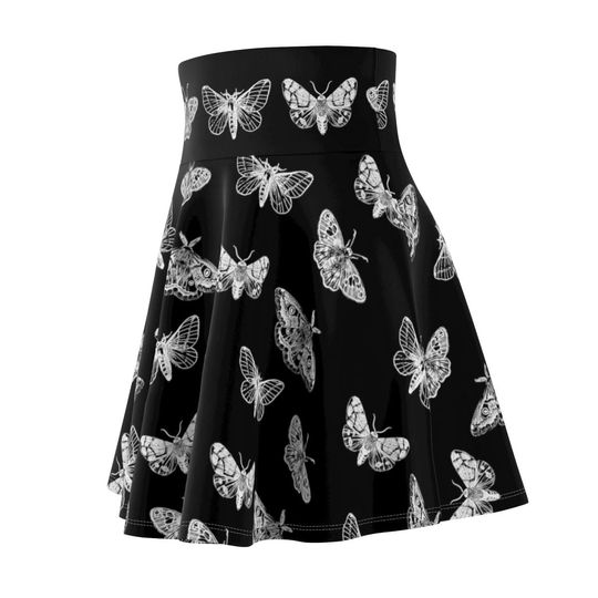 Goth Moth Circle Skirt, Witchy Clothes, Moth Print Flowy Skater Skirt with Elastic Band,Black with White Print, Plus Size Goth, Alt Clothing
