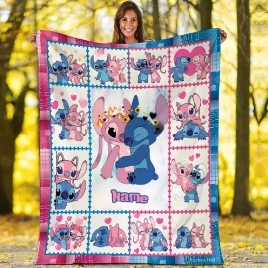 Personalized Stitch And Angel Blanket, Stitch Quilt, Throw Sherpa, Cute Gifts