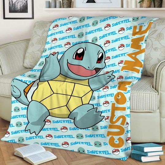 Personalized Name Squirtle Baby Blanket, PKM Anime Blanket, Anime Cartoon  Mink Sherpa Blanket, Custom Name Blanket, Newborn Gift