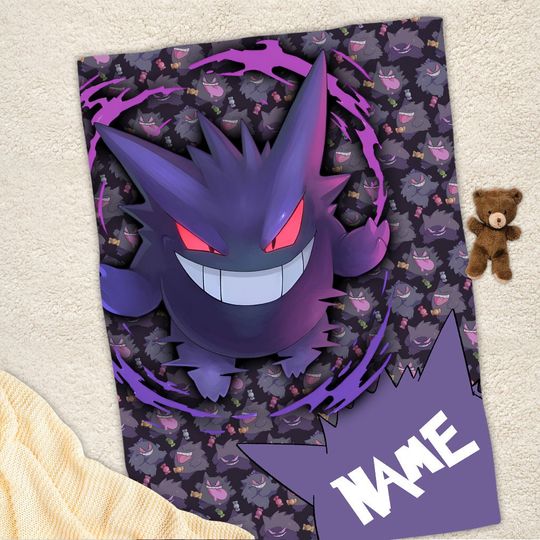 Funny Gengar Blanket, Personalized Name PKM Anime Blanket, Anime Cartoon Mink Sherpa Blanket, Custom Name Blanket, Newborn Gift
