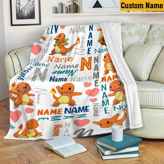 Personalized Name Charmander Blanket, PKM Anime Blanket, Funny Charmander Mink Sherpa Blanket, Custom Name Blanket, Newborn Gift
