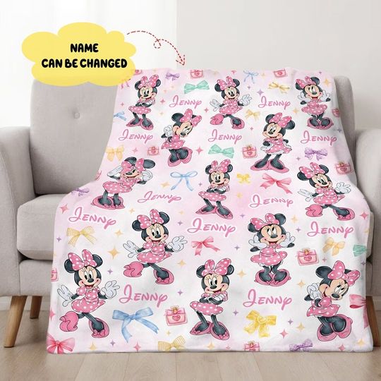 Personalized Watercolor Minnie Mouse Blanket, Disneyworld Minnie Coquette Bow Throw Blanket For Bed Coach Sofa, Minnie Mouse Blanket