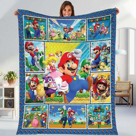 Super Mario Blanket | Super Mario Birthday Blanket | Mario Luigi Bowser Princess Peach Blanket | Bedroom Decor Christmas Gift Blanket
