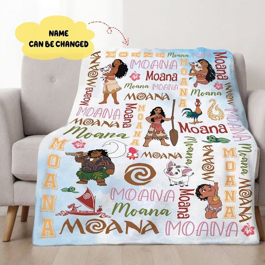 Personalized Watercolor Disneyland Moana Blanket, Baby Girl Princess Moana Birthday Girl Gift, Disneyland Maui Hei Hei Tamatoa Family Decor