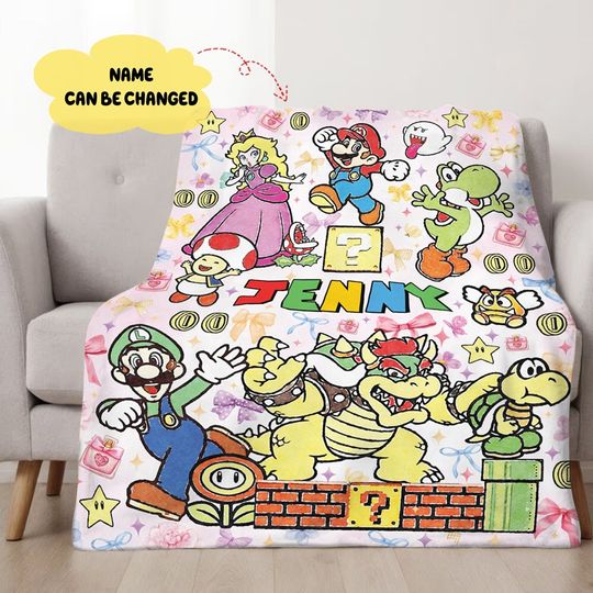 Personalized Super Mario Watercolor Coquette Blanket, Custom Name Mario Blanket, Mario Bowser Luigi Princess Peach Blanket, Birthday Gifts