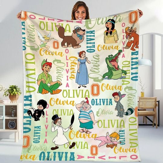 Personalized Watercolor Disneyland Peter Pan Blanket, Peter Pan Wendy Tinker Bell Lost Boys Neverland, Disneyland Pirates Captain Hook Smee