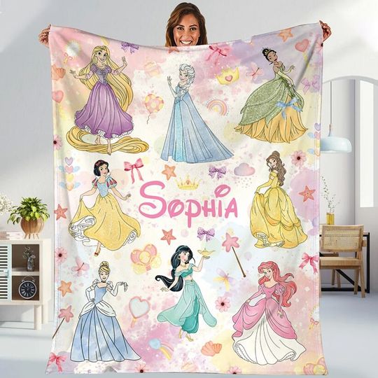 Personalized Watercolor Coquette Bows Disneyland Princess Blanket, Disneyland Baby Girl Trip Blanket, Princess Birthday Girl Gift For Her