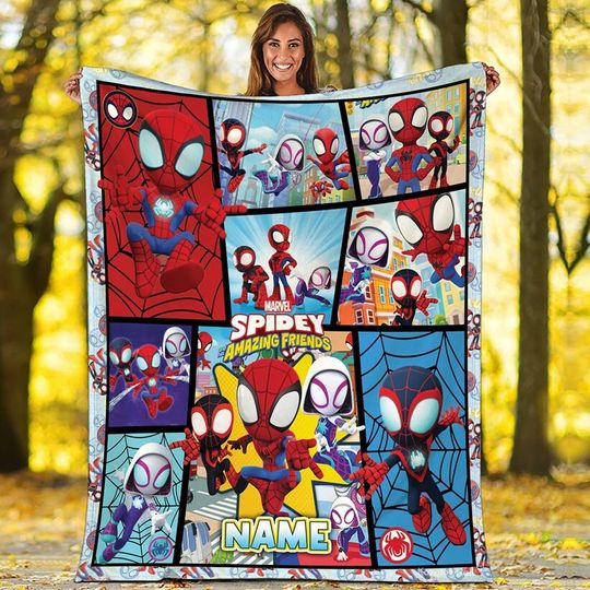Personalized Spidey And Amazing Friends Fleece Blanket | Spider Man Custom Blanket | Spiderman Ghost Spider Blanket For Bed Couch Sofa