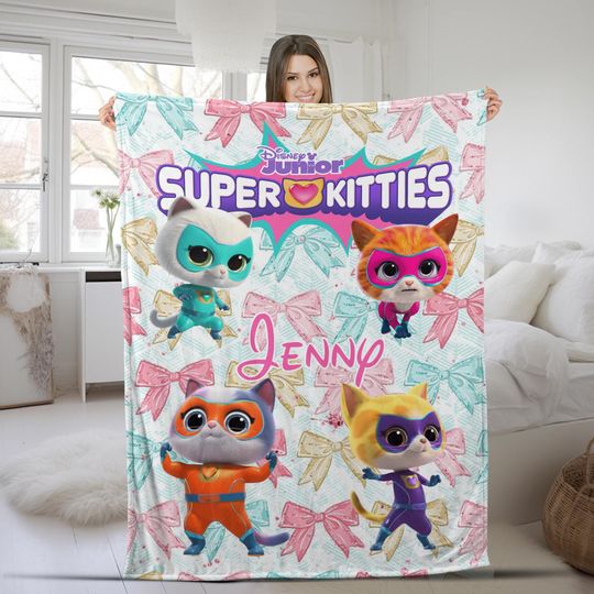 Custom Super Kitties Blanket,Custom Super Kitties Blanket,Super Kitties BirthdayFleece Blanket Ginny, Sparks, Buddy,And Bitsy Blanket