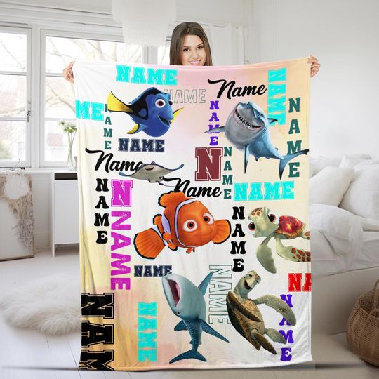 Personalized Watercolor Disney Finding Nemo Blanket, Custom Name Pixar Finding Dory Baby, Baby Birthday Gift, Just Keep Swimming