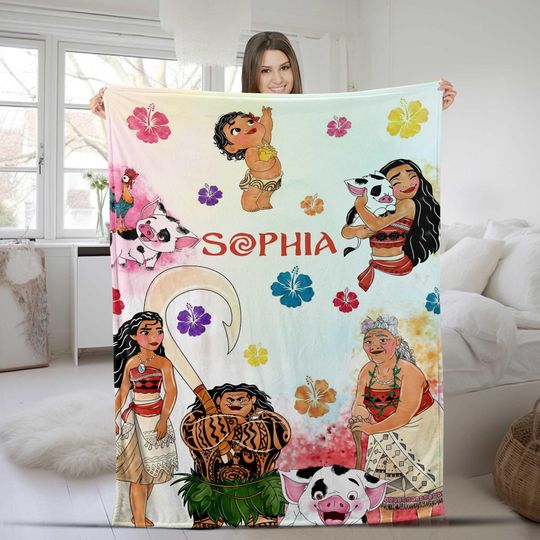 Personalized Disney Moana Blanket, Baby Girl Princess Moana Birthday Girl Gift, WDW Disneyland Maui Hei Hei Tamatoa Family Decor