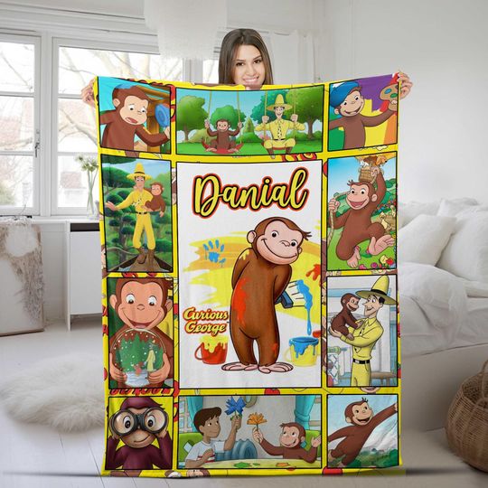 Curious George Blanket, Personalized Curious George Fleece Blanket, Custom Name Blanket, Birthday Gifts for Kids, Christmas Gifts