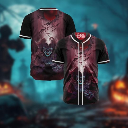 Halloween Pennywise Baseball Shirt, Horror Character Jersey, Pennywise Costume, Halloween Movie Jersey