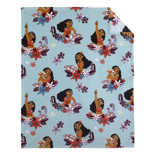 Disney Moana Feel The Waves Aqua, Coral & Violet with Pua Pig & Tropical Flowers Super Soft Toddler Blanket, Aqua, Orange, Purple, White , 40x50 Inch