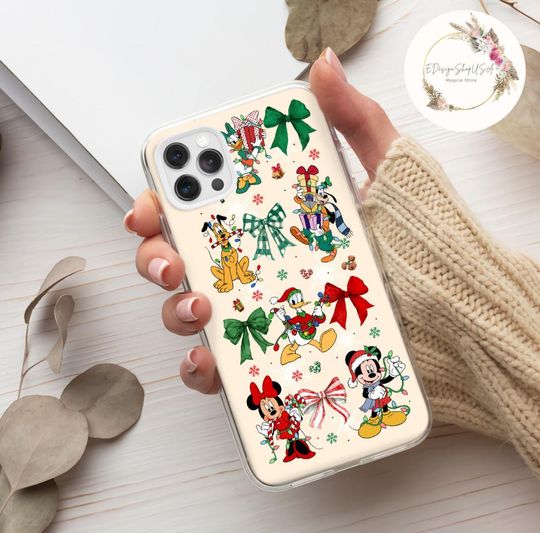 Coquette bows Disney Mickey & friends Christmas Light Phone Case, WDW Disneyland Christmas holiday phone case