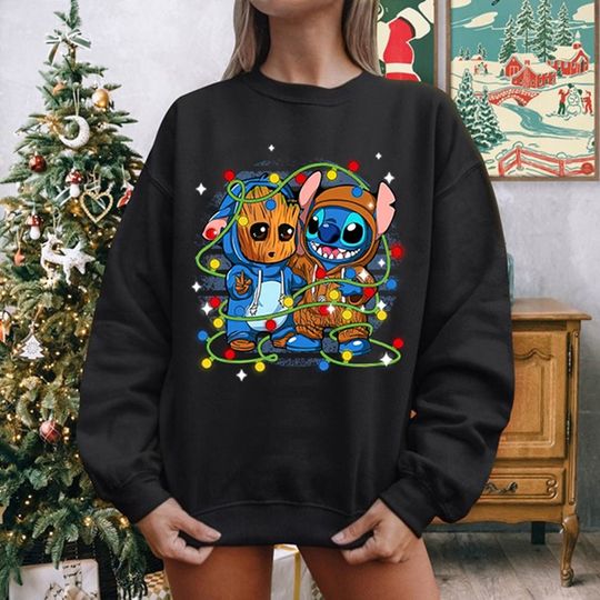 Retro Cute Friends Stitch And Baby Groot Christmas Lights Shirt, Disneyland Superhero Merry Xmas Party 2024, Disneyland Vacation Party Gifts
