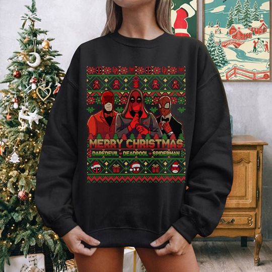 Daredevil Spider Man Deadpool Ugly Sweater Shirt, Merry Christmas Sweatshirt, Team Red Superhero Christmas Shirt, Avengers Ugly Xmas Shirt