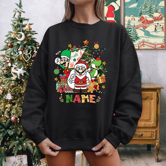 Super Mario Christmas Sweatshirt, Mario Bros Christmas Gamer Shirt, Mario And Friend Party Matching Shirt, Christmas Tree And Lights Shirt