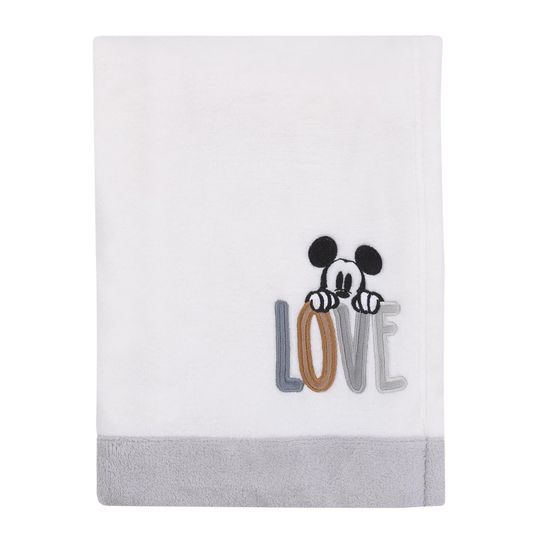 Disney Mickey Mouse Love Mickey White, Gray, and Tan Love Applique Super Soft Baby Blanket