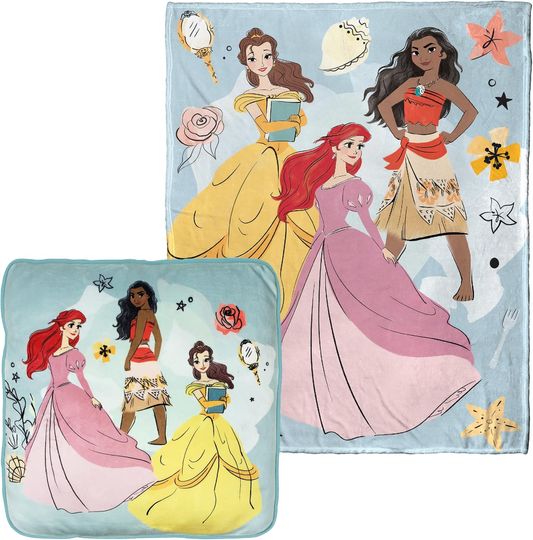 Northwest Disney Princess Cloud Stretch Pillow and Silk Touch Throw Blanket Set, 14" Pillow, 40" x 50" Blanket, Be Bold