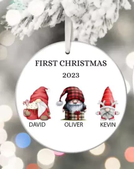 Gnomes Ornament With Custom Name, Personalized First Christmas Ornament